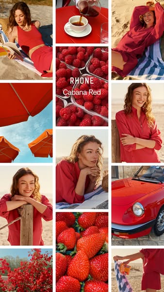 An aesthetic collage of images featuring a woman wearing Rhone brand clothing. The color scheme of the collage is varyin