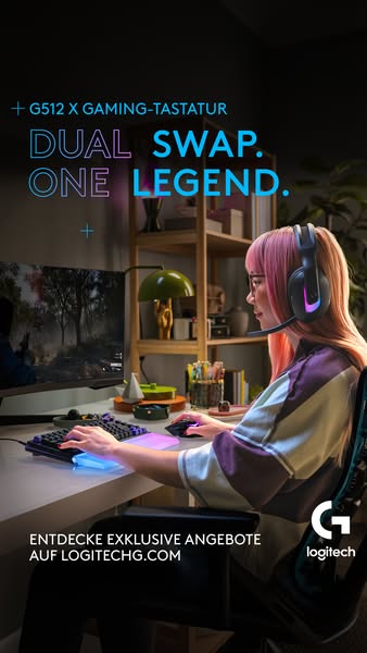The ad showcases the Logitech G512 X gaming keyboard and highlights its customizable features. It targets gamers who val