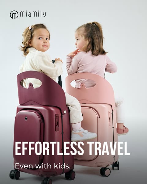 This ad features two children sitting on Miamily carry-on suitcases with convertible seats. The ad copy is focused on th