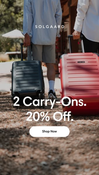 This image ad features two carry-on suitcases from the brand Solgaard, with a promotional offer of 20% off.