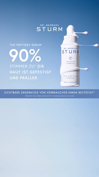 This ad showcases Dr. Barbara Sturm's The Peptide Serum, highlighting its firming and plumping effects on the skin w
