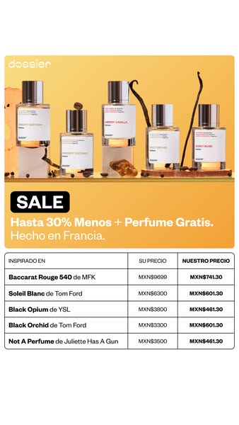 The ad promotes Dossier perfumes with a sale offer of up to 30% off and free perfume. It features product images and com