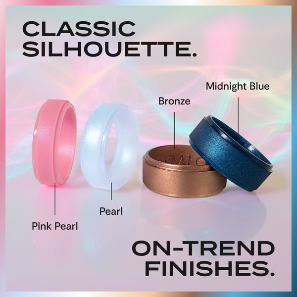 This ad showcases a variety of silicone rings in different colors and finishes.