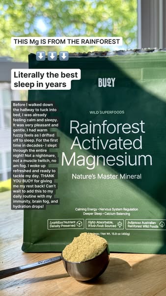 This ad features Buoy's Rainforest Activated Magnesium powder. It highlights a customer testimonial, mentioning impr