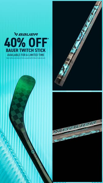 This ad is showcasing the Bauer Twitch stick and promoting a limited time 40% off offer.