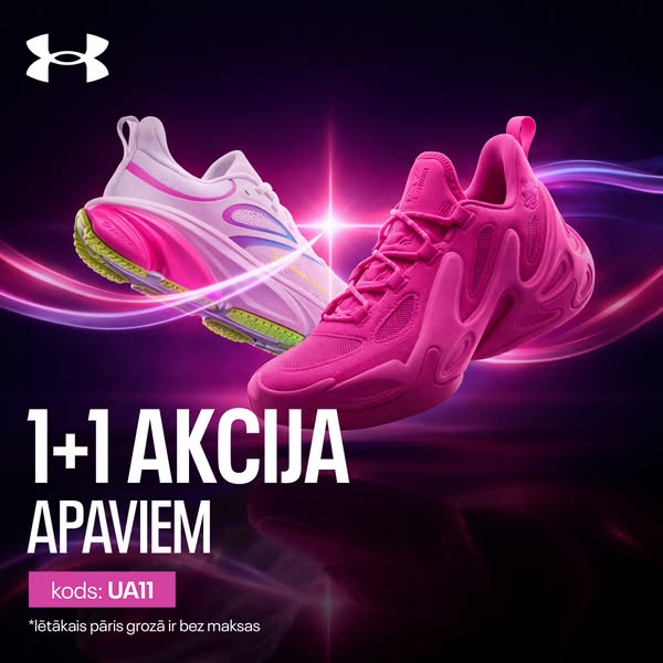 This Under Armour image ad showcases two different athletic shoe products and advertises a buy-one-get-one-free sale.