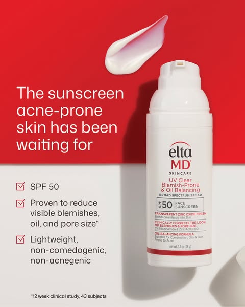 This image ad promotes EltaMD UV Clear sunscreen for acne-prone skin. It emphasizes features such as SPF 50, blemish red