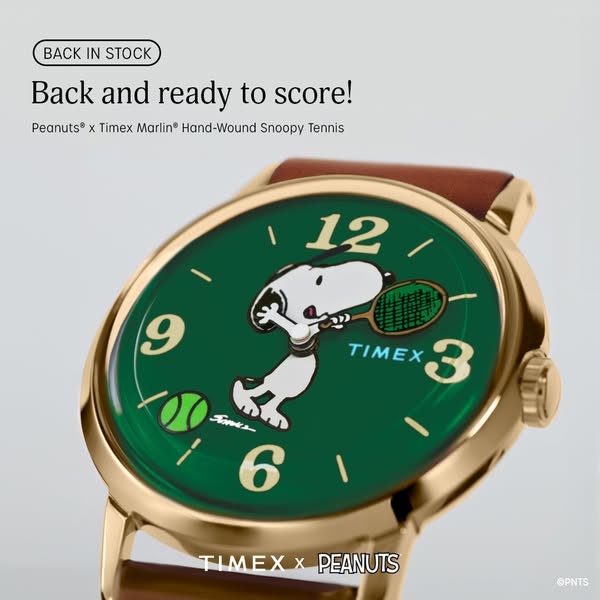 An image ad for the Peanuts x Timex Marlin Hand-Wound Snoopy Tennis watch. The ad highlights that the watch is back in s