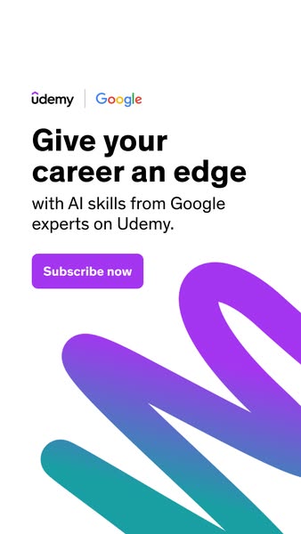 This ad for Udemy promotes AI courses taught by Google experts. It features the logos of both companies at the top, foll