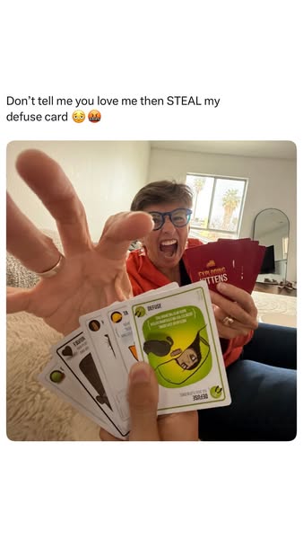 This ad features a playful moment between two people while playing Exploding Kittens. It highlights the game's abili