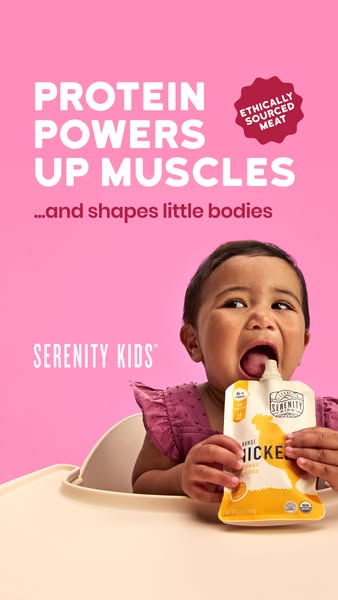 This ad for Serenity Kids baby food features a baby eating a pouch of the brand's ethically sourced meat product. Th