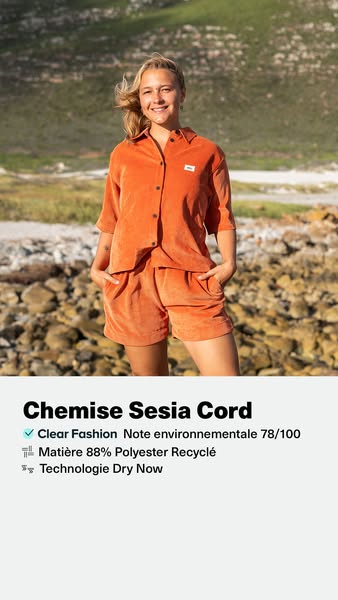 This ad highlights the features of the Sesia Cord shirt from an environmentally-conscious brand. The ad focuses on the b