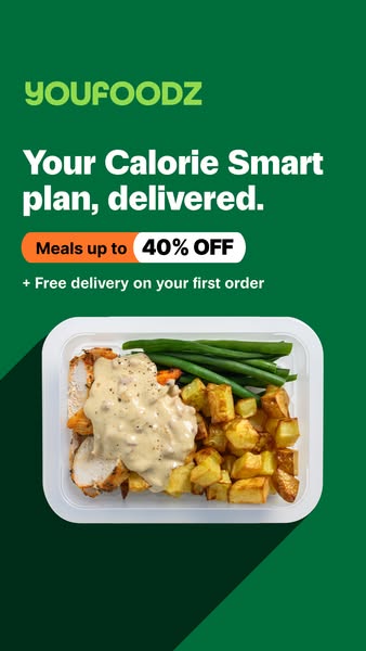 This image ad for Youfoodz promotes their Calorie Smart plan with a 40% discount on meals and free delivery on the first