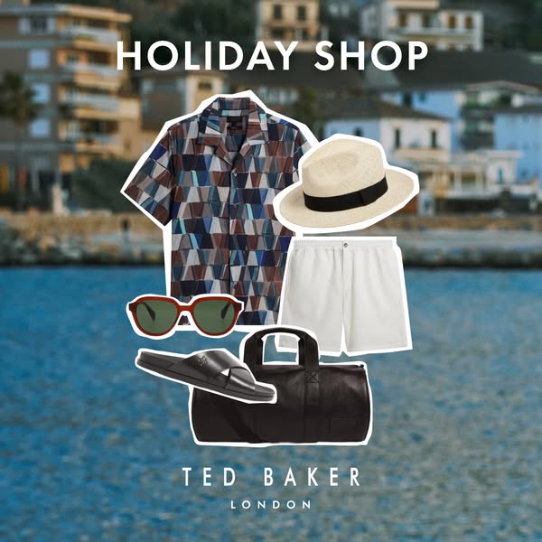 This image ad showcases clothing and accessories from Ted Baker London that are suitable for a holiday vacation. The ad 