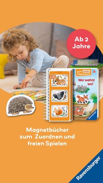 This image ad promotes the Ravensburger Magnetbücher, an interactive magnetic book designed for children aged 2 and up. 
