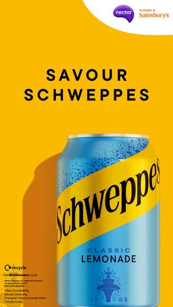 An image ad for Schweppes Classic Lemonade features a can of the beverage against a yellow background, promoting the dri