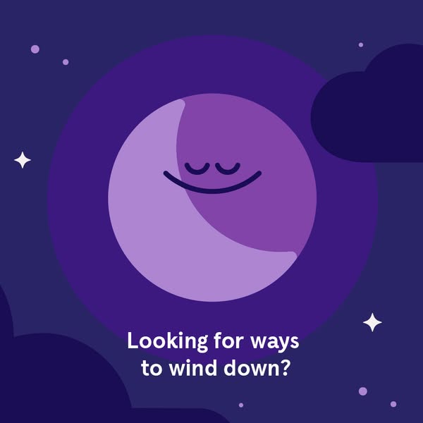 This ad features a calming moon character and asks the user if they're looking for ways to wind down.