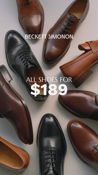 This image ad showcases a variety of men's dress shoes from Beckett Simonon, all priced at $189. The shoes are arran