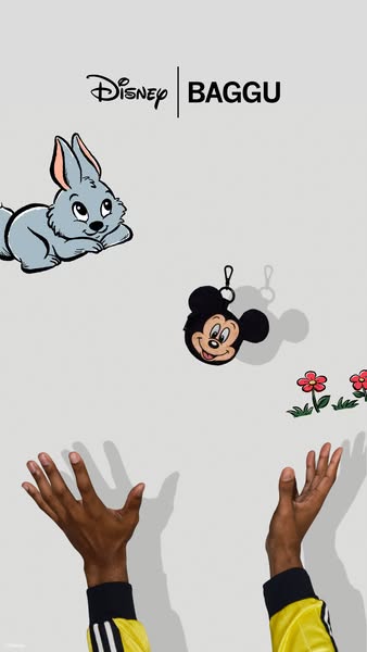 This is a Disney and Baggu branded ad featuring a Disney character coin purse with flowers and a bunny in the background
