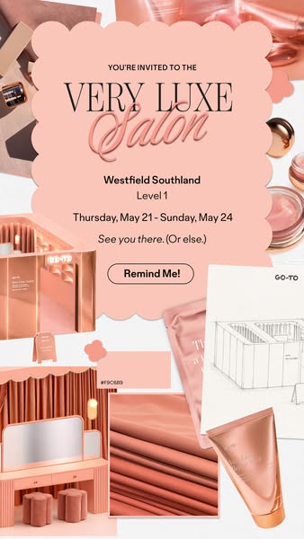 This image ad promotes the grand opening of a beauty salon called 'VERY LUXE Salon'. The image is a mood board-s
