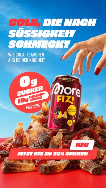 This ad promotes More FIZ! candy cola drink, featuring a can of the beverage surrounded by cola-flavored gummy candies. 