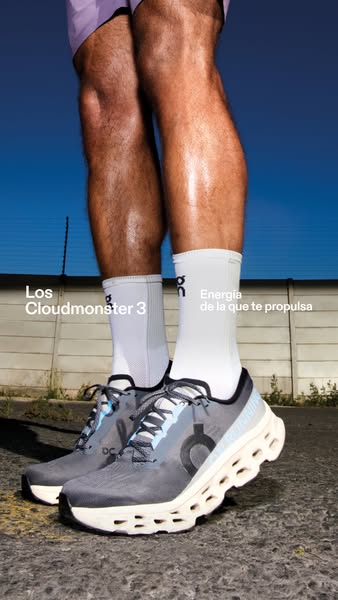 An image promoting On Cloudmonster 3 running shoes, highlighting the shoe's energy-returning properties and intended