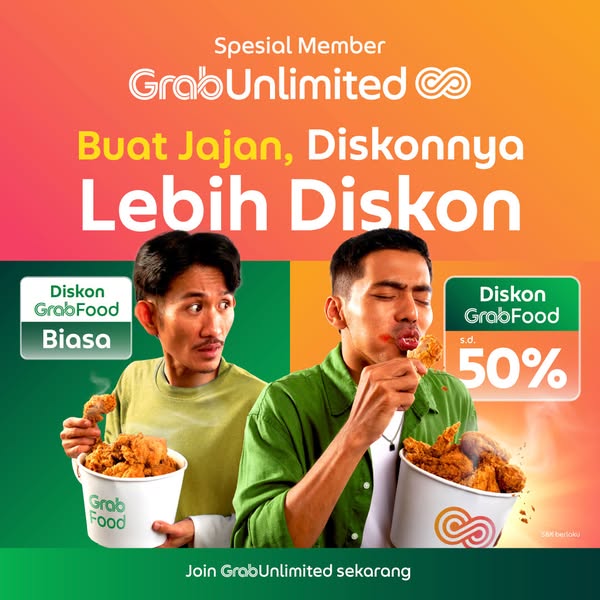 This ad is promoting a GrabUnlimited membership. The ad shows one man looking at a bucket of chicken with a unimpressed 