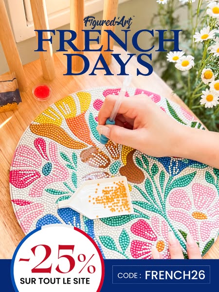 This image ad promotes Figured Art, featuring a round diamond-painting canvas in progress. The ad highlights a 25% off d