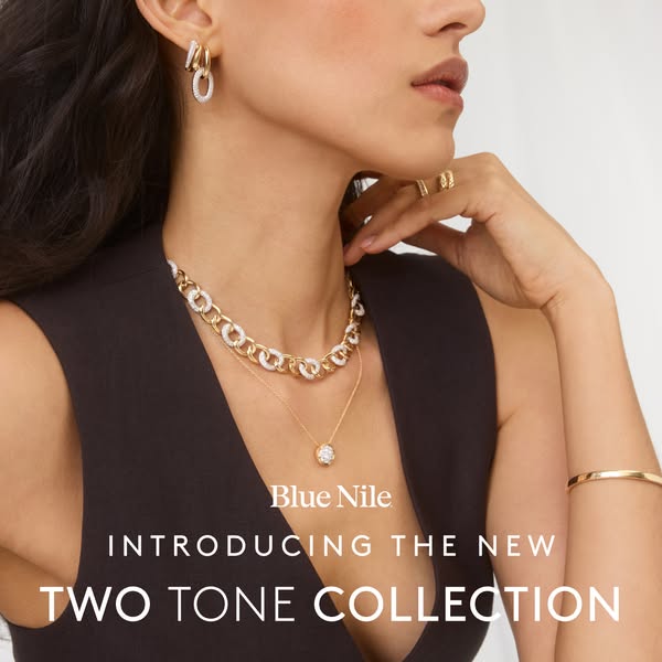 This ad showcases Blue Nile's new two-tone jewelry collection, featuring a model wearing a necklace, earrings, ring,