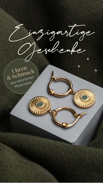 A close-up studio shot showcasing gold jewelry pieces (earrings) on a grey surface, presented as unique gifts with a lux