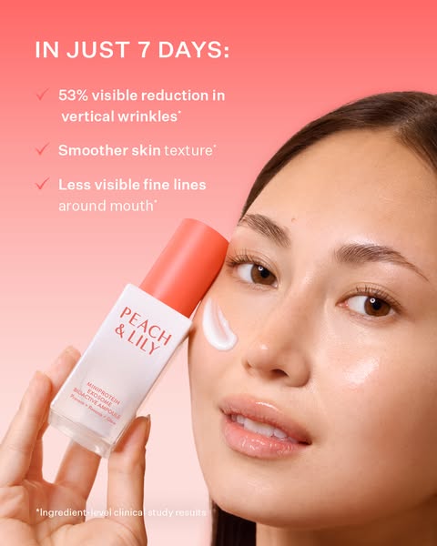 This image ad showcases Peach & Lily's Miniproetin Exosome Bioactive Ampoule with claims of visibly reducing wri