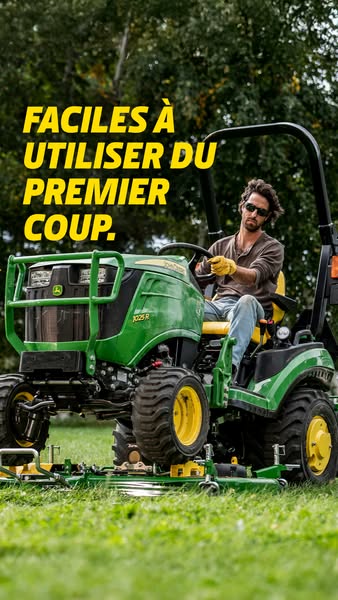 This image ad promotes John Deere tractors. It features a man on a John Deere tractor mowing a field, with text highligh