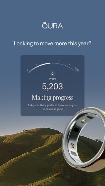 This ad for Oura promotes the Oura ring as a way to track your activity and make progress towards your goals.