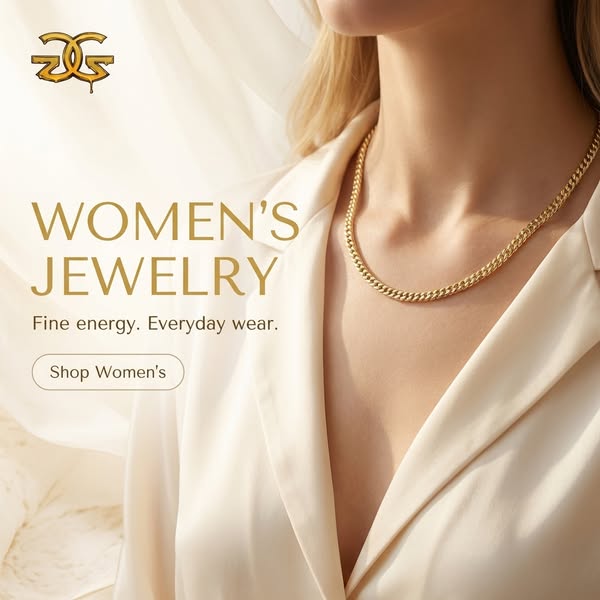 This ad promotes women's jewelry, presenting it as fine energy for everyday wear. The ad features a gold chain neckl