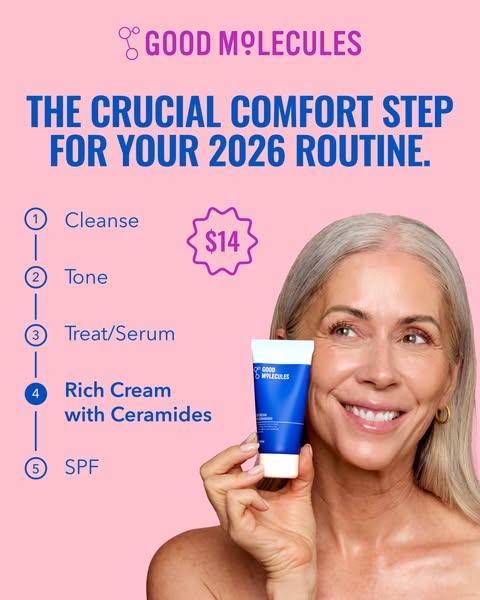 This ad promotes Good Molecules Rich Cream with Ceramides as a crucial step in a skincare routine. It features a numbere