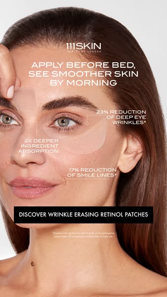 This image ad for 111SKIN retinol patches features a woman with an age range in her 30's or 40's with patches ap