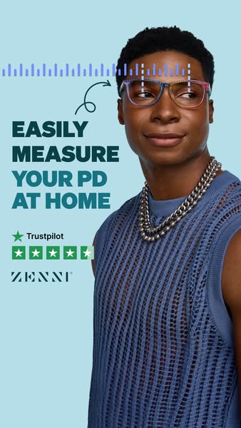 The ad showcases Zenni Optical's home-based pupillary distance (PD) measurement tool. A visual graphic over a man