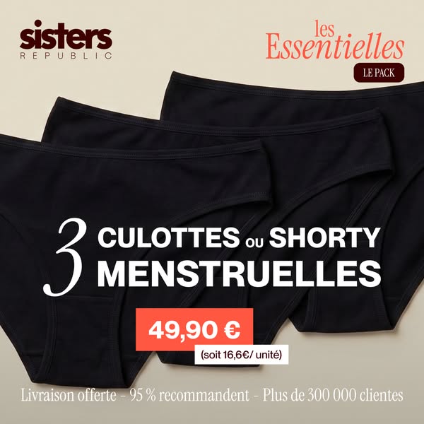 This ad showcases a pack of three period panties from Sisters Republic. The image displays the product and highlights it