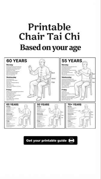 Ad for a printable download of chair Tai Chi moves based on age.