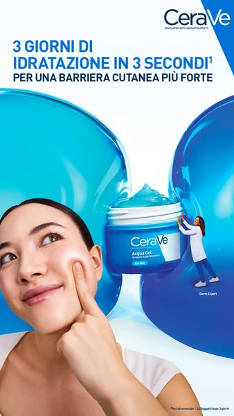 This ad for CeraVe Acqua Gel features a woman touching her face with a smiling expression. The ad makes the claim that t