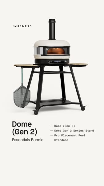 This ad showcases the Gozney Dome (Gen 2) Essentials Bundle, highlighting the complete set for pizza enthusiasts.