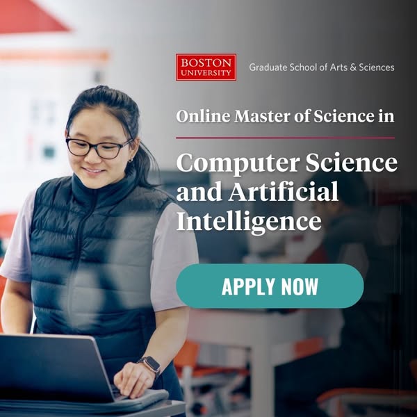 This ad promotes the Online Master of Science in Computer Science and Artificial Intelligence at Boston University.