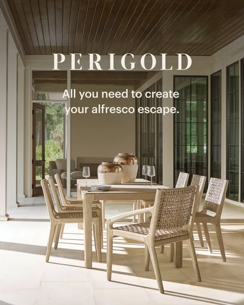 This image ad showcases Perigold's outdoor furniture set, emphasizing creating an alfresco dining and living space. 