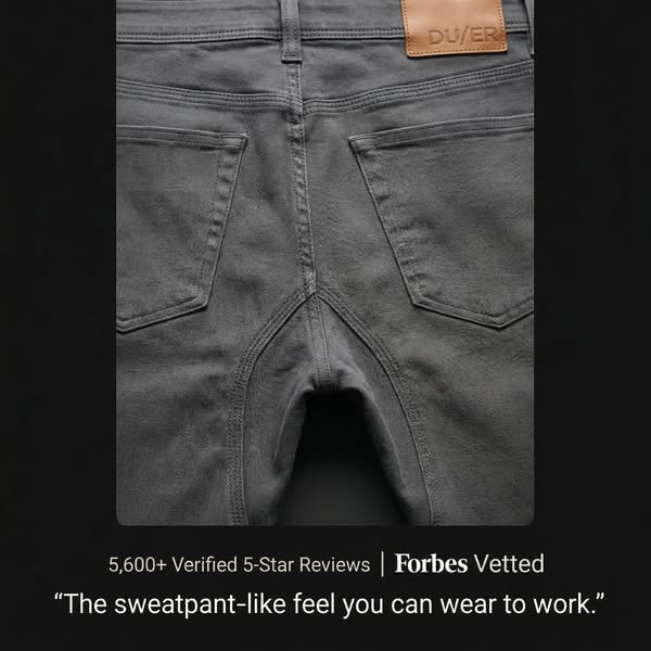 This ad features a pair of DU/ER pants along with a quote calling them "the sweatpant-like feel you can wear to wor