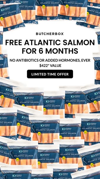 This promotional ad for ButcherBox highlights a limited-time offer of free Atlantic salmon for 6 months. The ad uses a v