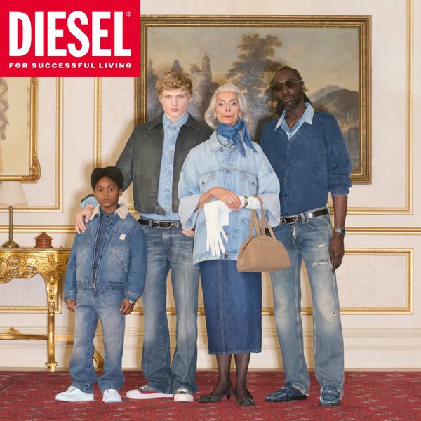 An image ad for Diesel featuring a diverse group of people wearing denim clothing, positioned as a brand for successful
