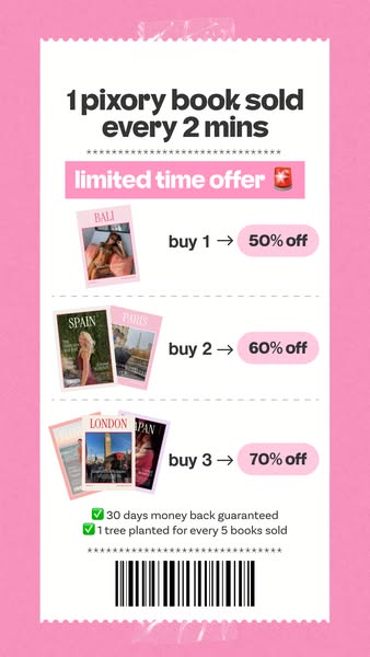 The ad is a visual listicle promoting Pixory books with discounts. The ad highlights a limited-time offer, with increasi