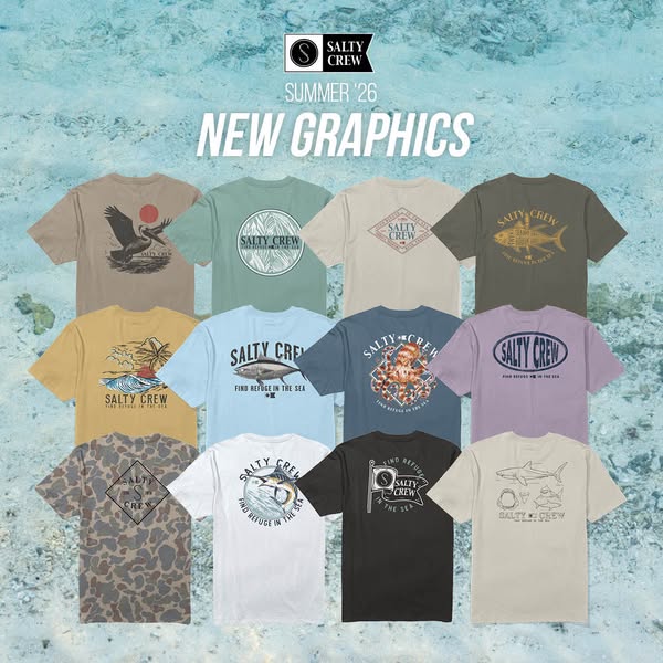 This ad features a collection of graphic T-shirts by Salty Crew. The T-shirts are displayed against an aquatic backgroun