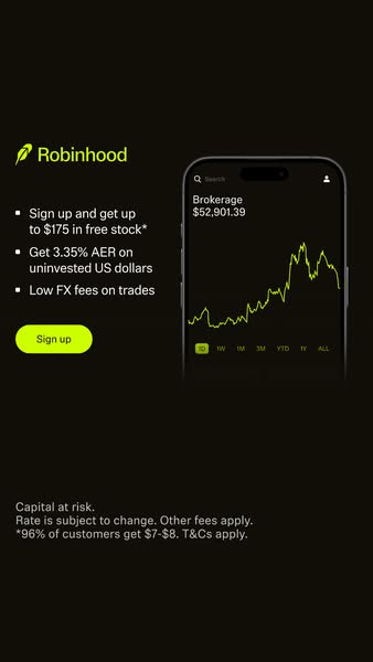 This ad for Robinhood highlights its benefits, including free stock when signing up, AER on uninvested US dollars, and l