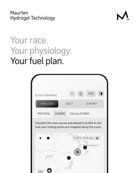 This ad for Maurten highlights its hydrogel technology and offers a digital tool to plan your fuel for your race.